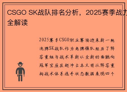 CSGO SK战队排名分析，2025赛季战力全解读