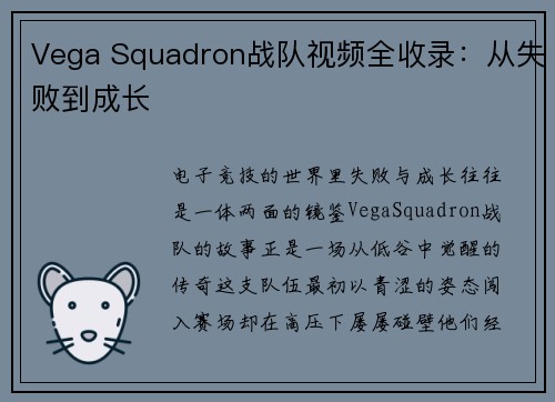 Vega Squadron战队视频全收录：从失败到成长