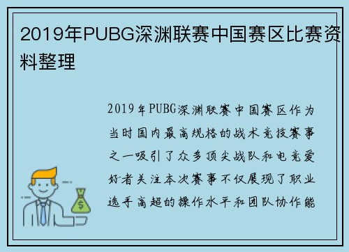 2019年PUBG深渊联赛中国赛区比赛资料整理